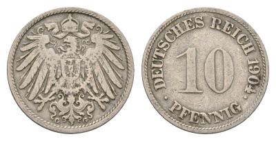 Германия 10 пфеннигов 1904 G, Вильгельм II (1888-1918) KM 12, J. 13 медно-никель 54-614