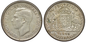 Австралия 1 флорин 1946 Георг VI (1936-1952), герб Австралии KM 40а серебро 4178-932