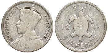 Фиджи 6 пенсов 1934 Георг V (1910-1936), черепаха KM 3 серебро    4606-112