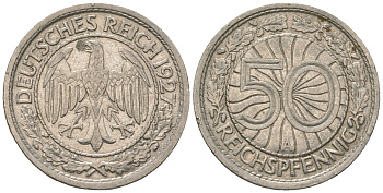 Германия 50 рейхспфеннигов 1927 A KM 49, J. 324 никель 4124-1216