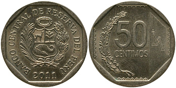 Перу 50 сентимо 2011 LIMA KM 307.4, Schon 106 медь цинк никель UNC 4543-447