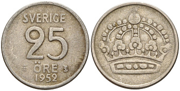 Швеция 25 эре 1952 TS, Густав VI Адольф (1950-1973) KM 824 серебро 4147-1025