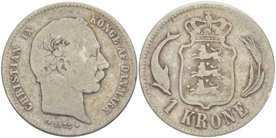 ДАНИЯ 1 КРОНА 1875 H-CS, КРИСТИАН IX KM 797.1 серебро 202-755
