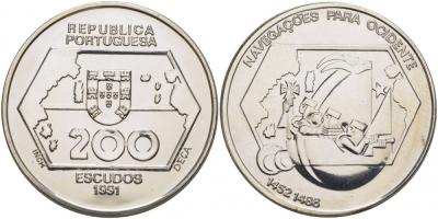 Португалия 200 эскудо 1991 походы на запад (1452-1498) KM 659а серебро UNC 1098-5-63