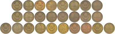 СССР лот из 13 монет (3 копейки) с годами подряд 1980-1991 Y 128a латунь KOM1-14-20