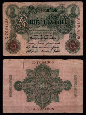 Германия 50 марок 1910 GERMANY - Reichsbank, серия A Pick 32 бумага 6289-39-2-2