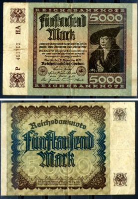 Германия 5000 марок 1922 2 декабря 1922, водяной знак I, серия HA, буква P Pick 81 c бумага 8589-37-2-2