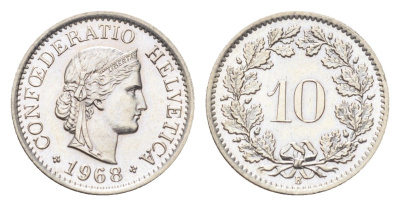 Швейцария 10 раппенов 1968 B KM 27 медно-никель 4708-217