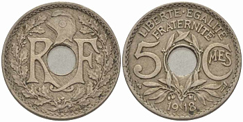 ФРАНЦИЯ 5 САНТИМОВ 1918 ТИП ЛИНДАЙЁ KM 865, LE FRANC 121.2 медно-никель 28-324