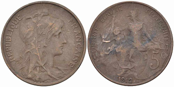 ФРАНЦИЯ 5 САНТИМОВ 1912 ТИП ДАНИЭЛЬ ДЮПЮИ KM 842, LE FRANC 119.24 бронза 108-937