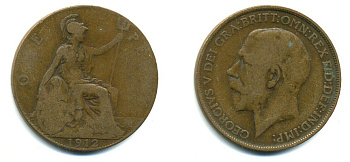 Великобритания 1 пенни 1912 Георг V (1910-1936) KM 810, Spink 4051 бронза 47-1231