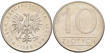 ПОЛЬША 10 ЗЛОТЫХ 1988 MW KM 152.1 медно-никель 106-644