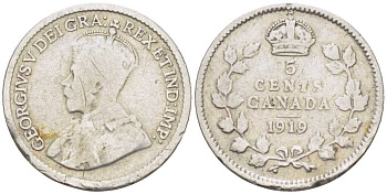 КАНАДА 5 ЦЕНТОВ 1919 ГЕОРГ V KM 22 серебро 206-241