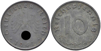 ГЕРМАНИЯ 10 РЕЙХСПФЕННИГОВ 1941 D KM 101, J. 371 цинк 4401-736