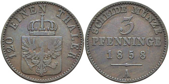 ПРУССИЯ 3 ПФЕННИГА 1858 А, ФРИДРИХ ВИЛЬГЕЛЬМ (1840-1861) KM 453 медь 117-1045