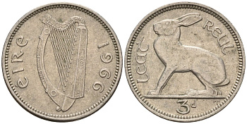 Ирландия 3 пенса 1966 заяц KM 12a медно-никель 4596-1112