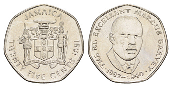 Ямайка 25 центов 1991 KM 147 сталь плакированная никелем UNC 4652-621