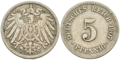 ГЕРМАНИЯ 5 ПФЕННИГОВ 1907 F KM 11, J. 12 медно-никель 105-126