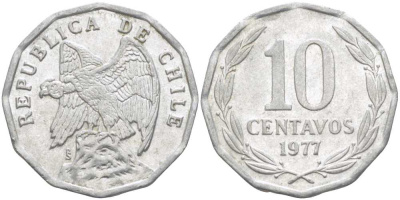 Чили 10 сентаво 1977 KM 205a алюминий 4402-416