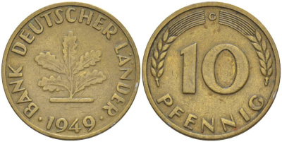 ФРГ 10 ПФЕННИГОВ 1949 G KM 103, J. 378 сталь плакированная латунью 219-422