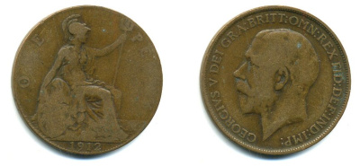 Великобритания 1 пенни 1912 Георг V (1910-1936) KM 810, Spink 4051 бронза 47-1231