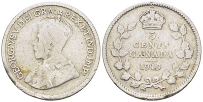 КАНАДА 5 ЦЕНТОВ 1919 ГЕОРГ V KM 22 серебро 206-241
