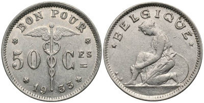 БЕЛЬГИЯ 50 САНТИМОВ 1933 BELGIQUE, АЛЬБЕРТ I (1909-1934) KM 87 никель 27-123