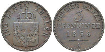 ПРУССИЯ 3 ПФЕННИГА 1858 А, ФРИДРИХ ВИЛЬГЕЛЬМ (1840-1861) KM 453 медь 117-1045