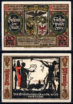 Фюрстенвальде (Пруссия, Бранденбург) 20 пфеннигов 1921 Mehl Grabowski 403.1a-3/15 бумага UNC (пресс) 7555-38-3-1