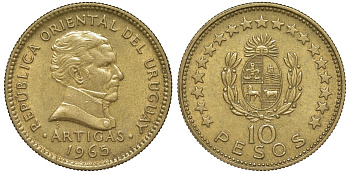 Уругвай 10 песо 1965 KM 48 алюминиевая бронза 4574-635