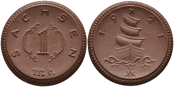 Саксония 1 марка 1921 парусник J. N 55 фарфор 1094-3-73