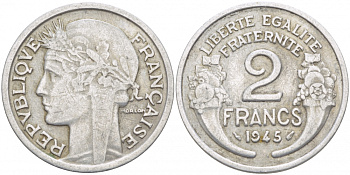 ФРАНЦИЯ 2 ФРАНКА 1945 KM 886а.1 алюминий 4402-944