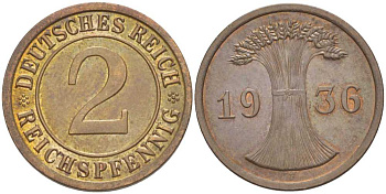 ГЕРМАНИЯ 2 РЕЙХСПФЕННИГA 1936 F KM 38, J. 314, Weege 4 бронза 206-863
