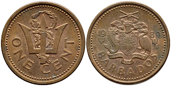 Барбадос 1 цент 1989 сломанный трезубец Британии KM 10 бронза 4396-1267