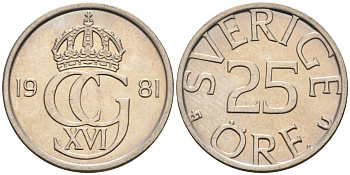 Швеция 25 эре 1981 Карл XVI Густав (1973- ) KM 851 медно-никель UNC 4585-515