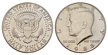 США 1/2 доллара (50 центов) 1988 P, Джон Кеннеди KM A202b медь плакированная медно-никелем UNC 4672-635