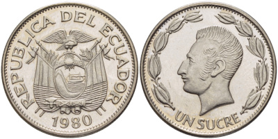 ЭКВАДОР 1 СУКРЕ 1980 АНТОНИО ХОСЕ де СУКРЕ KM 78b сталь плакированная никелем UNC 31-357