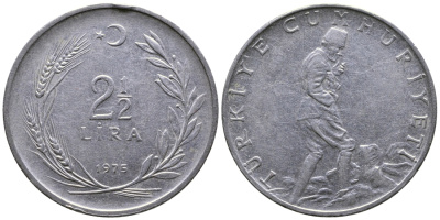 ТУРЦИЯ 2 1/2 ЛИРЫ 1975 KM 893.2 сталь 29-1015