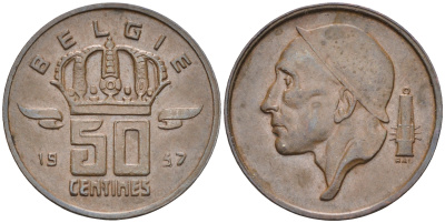 Бельгия 50 сантимов 1957 Belgie, Бодуэн I (1951-1993) KM 149.1 бронза 4588-469