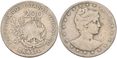 Бразилия 200 рейс 1901 голова свободы вправо KM 504 медно-никель 4589-1127