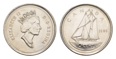 Канада 10 центов 1996 Елизавета II (1952-2022), парусник KM 183 никель UNC 4636-638