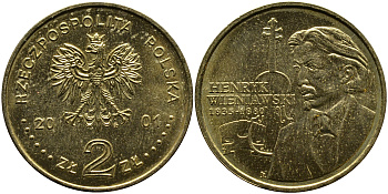 Польша 2 злотых 2001 MW, Генрик Венявский (1835-1880) KM 426 нордик UNC 1526-744