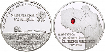 Польша 10 злотых 2009 25 лет со дня убийства Ежи Попелушко, красная слеза KM 701 серебро PROOF 1087-4-55