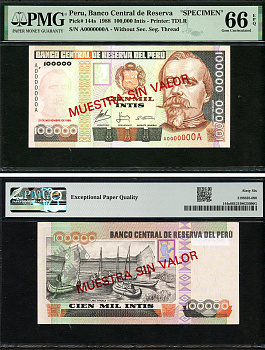 Перу 100000 инти 1988 Франсиско Болоньези, озеро Титикака, в слабе PMG 66 Gem Uncirculated Pick 144 s  бумага  UNC (пресс) 452-1-182