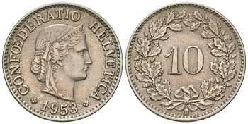 Швейцария 10 раппенов 1953 B KM 27 медно-никель 220-451