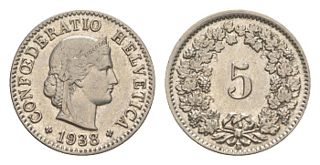 Швейцария 5 раппенов 1938 B KM 26 медно-никель 4627-137