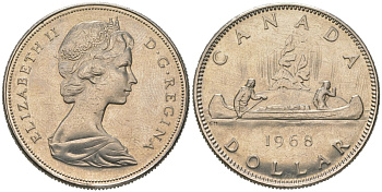 Канада 1 доллар 1968 Елизавета II (1952-2022), каноэ KM 76.1 никель UNC 114-224