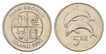 Исландия 5 крон 1992 дельфины KM 28 медно-никель UNC 4118-1021