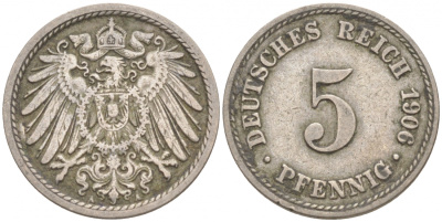 ГЕРМАНИЯ 5 ПФЕННИГОВ 1906 A, KM 11, J. 12 медно-никель 73-1766