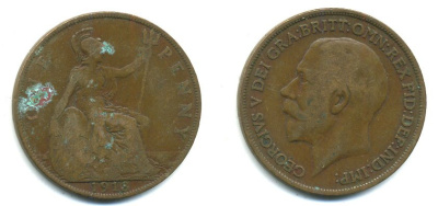 Великобритания 1 пенни 1913 Георг V (1910-1936) KM 810, Spink 4051 бронза 47-1241